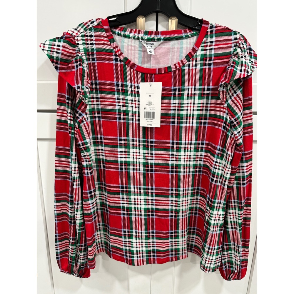 Crown & Ivy Plaid Ruffle Long Sleeve Top Holiday Christmas Size M‎